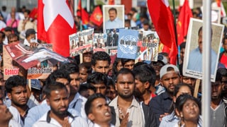 Tamilen denonstrieren, sie halten Fotos, Plakate und Schweizer Fahnen hoch.