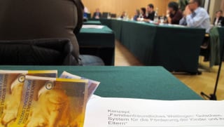 Sitzungszimmer Einwohnerrat Wettingen, im Vordergrund die Vorlage zum Familienkonzept und ein paar Banknoten auf dem Tisch.