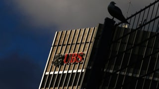 Firmenlogo der UBS und rechts im Bild die Umrisse einer Taube auf einem Zaun.