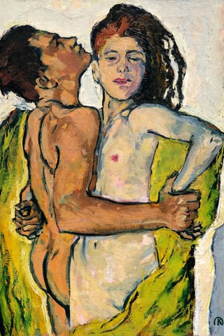 Gemälde mit einem nackten MAnn und einer nackten Frau, die sich eng umschlingen.