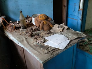 Stofftier liegt auf dem Tisch eines verlassenen Hauses.