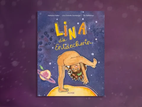 Buchcover mit einem gezeichneten Kind im Handstand vor Planeten.