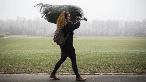 Frau trägt einen Weihnachtsbaum auf der Schulter.