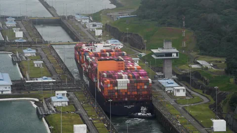 Containerschiff im Panamakanal, Luftaufnahme.
