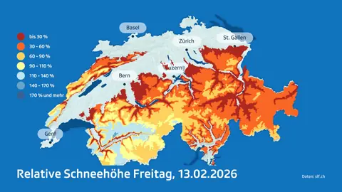 Karte der relativen Schneehöhe in der Schweiz am 13. Februar 2026, farbcodiert.