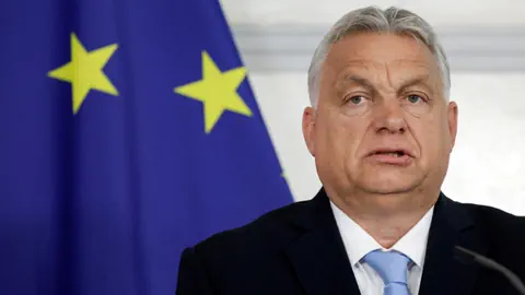 Viktor Orban vor EU-Flagge.