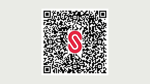 Schwarzer QR-Code mit rotem Symbol in der Mitte auf weissem Hintergrund.