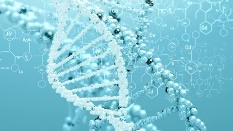Auschnitt aus der gedrehten, leiterförmigen Doppelhelix eines DNA-Moleküls