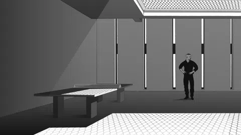 Schwarzweiss-Illustration des Gefängnishofs mit Ping-Pong-Tisch und Aufseher Spiess