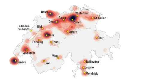 Karte der Schweiz mit hervorgehobenen Städten.