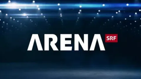 Logo der Fernsehsendung Arena SRF in einem dunklen Studio.