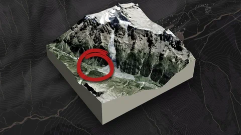 3D-Darstellung eines Gebirges mit rotem Kreis hervorgehoben.