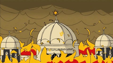 Eine Illustration einer brennenden Synagoge.