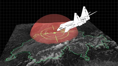 Illustration eines Kampfjets über einer topografischen Karte mit Radarsystem.