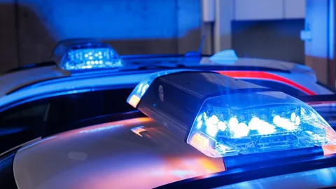 Polizeiautos mit eingeschaltetem Blaulicht.