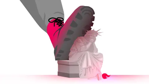 Illustration: Freiheitsstatue sitzt vornübergebeugt mit Gesicht in den Händen, auf sie drückt ein grosser Stiefel.