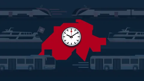 Grafik einer Uhr über einer Karte mit Zügen, Bussen und Booten im Hintergrund.