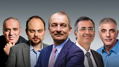 Themenbild zu den Putin-Gegnern. Porträts der Männer stehen nebeneinander.