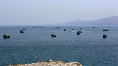 Mehrere Boote auf dem Meer mit entfernt liegenden Hügeln im Hintergrund.