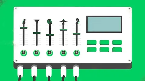 Illustration eines Mischpults mit Instrumentensymbolen.