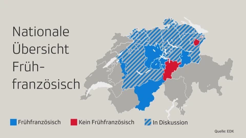 Karte der Schweiz mit Bereichen für Frühfranzösisch.