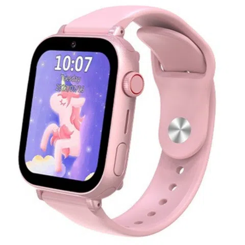 Rosafarbene Smartwatch mit Einhorn-Zifferblatt.
