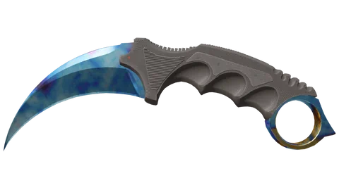 Ein gebogenes Messer mit schwarzem Griff und Blau-Hellblau-Mellierter Klinge