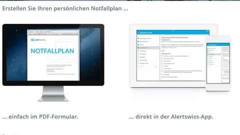 Computerbildschirm und mobile Geräte zeigen Notfallplan von Alertswiss.