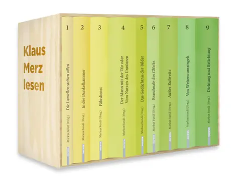 Holzbox mit neun Klaus Merz Büchern in verschiedenen Gelb- und Grüntönen.