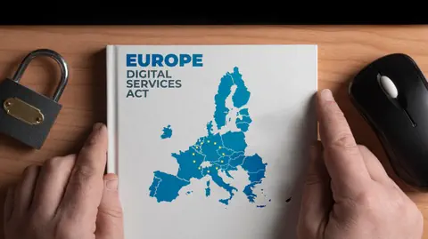Ein Mann hält ein Buch mit dem Titel «Europe: Digital Services Act».