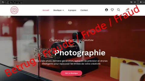 Internetseite mit Bildschirmfüllendem Foto, darüber der Text «Photographie», und darüber in Rot «Betrug».