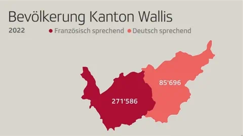 Karte vom Kanton Wallis, unterteilt in Sprachregionen