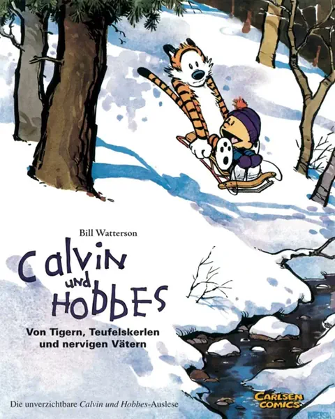 Zwei Comicfiguren rodeln im verschneiten Wald.