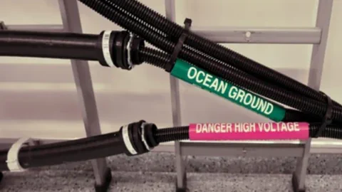 Zwei Kabel, beschriftet mit 'Ocean Ground' und 'Danger High Voltage'.
