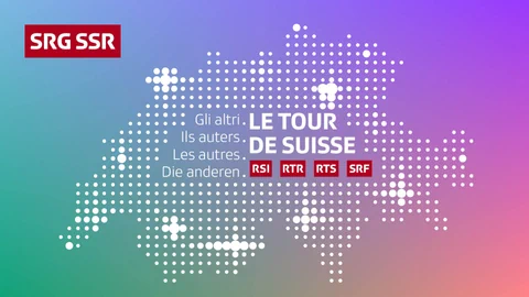 Punktkarte der Schweiz mit Fernsehsenderlogos und Text 'Le Tour de Suisse'.