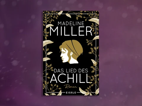 Buchcover mit goldenen Blättern und Profil einer Figur auf schwarzem Hintergrund.
