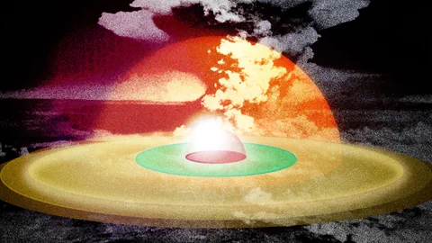 Atompilz mit eingezeichneten Zerstörungsradien