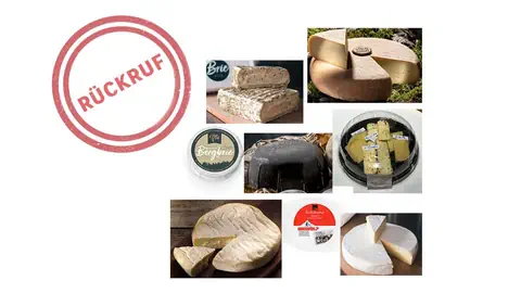 Verschiedene Käsesorten mit Rückrufstempel.