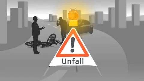 Illustration: Ein Unfallwarnschild steht auf der Strasse, dahinter streiten ein Velo und ein Autofahrer