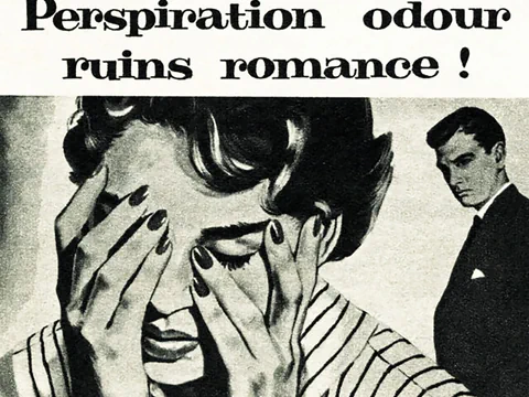Illustration einer Frau mit Händen im Gesicht, Mann im Hintergrund, Text über Körpergeruch.