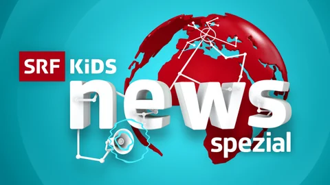 Das Logo der «SRF Kids News spezial». Schriftzug über roter Weltkugel auf türkisem Hintergrund. 
