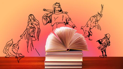 Geöffnetes Buch auf einem Stapel vor illustrierten Figuren auf farbigem Hintergrund.