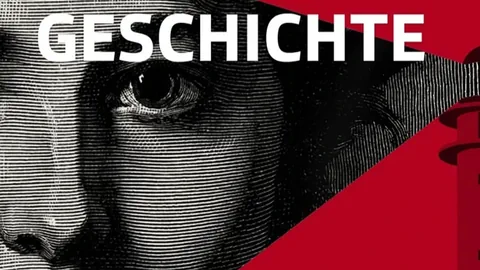 Schwarz-weisse Abbildung eines Gesichts auf rotem Hintergrund mit dem Wort ‹Geschichte›.