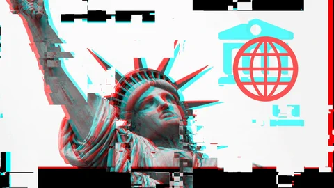 Collage mit Freiheitsstatue, Globus und Parlamentsgebäude