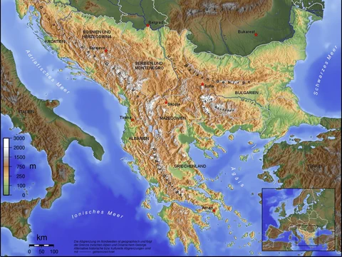 Physische Karte der Balkanregion mit Höhenangaben.