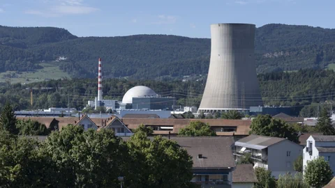 Kernkraftwerk hinter Häusern und Bäumen.