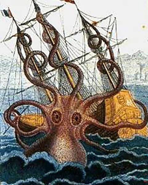 Riesiger Oktopus greift Segelschiff an.