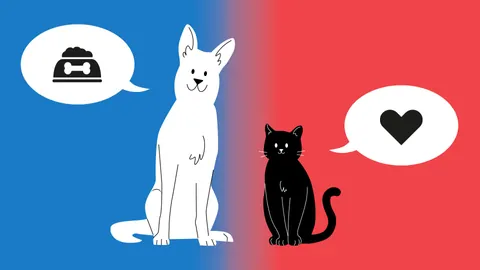 Illustration: Hund mit einer Sprechblase, in der ein Fressnapf zu sehen ist, Katze mit Sprechblase mit einem Herz.