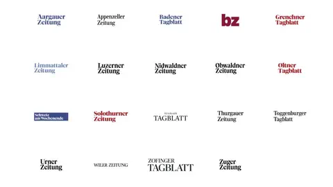Logos verschiedener Schweizer Zeitungen auf weissem Hintergrund.