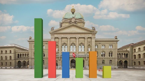 Bunte Balkendiagramme vor dem Bundeshaus in Bern.